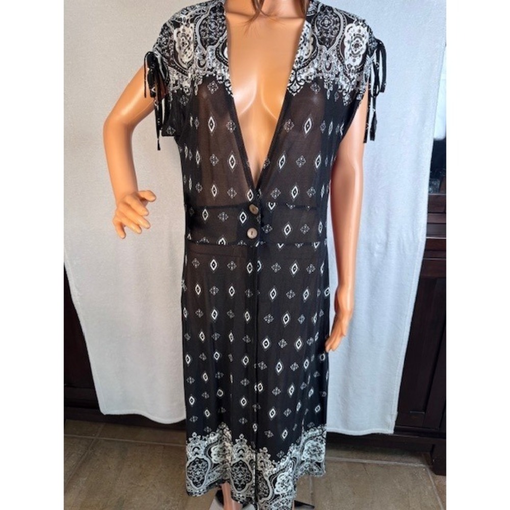 EUC Ember duster coverup cardigan black white button stretchy soft Size L